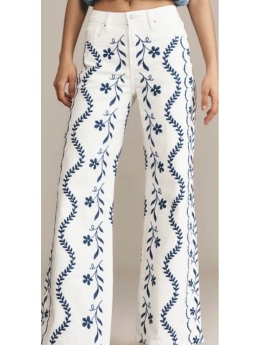NEW Driftwood Penelope Wide Leg White, Blue Embroidered Jeans, Size 29